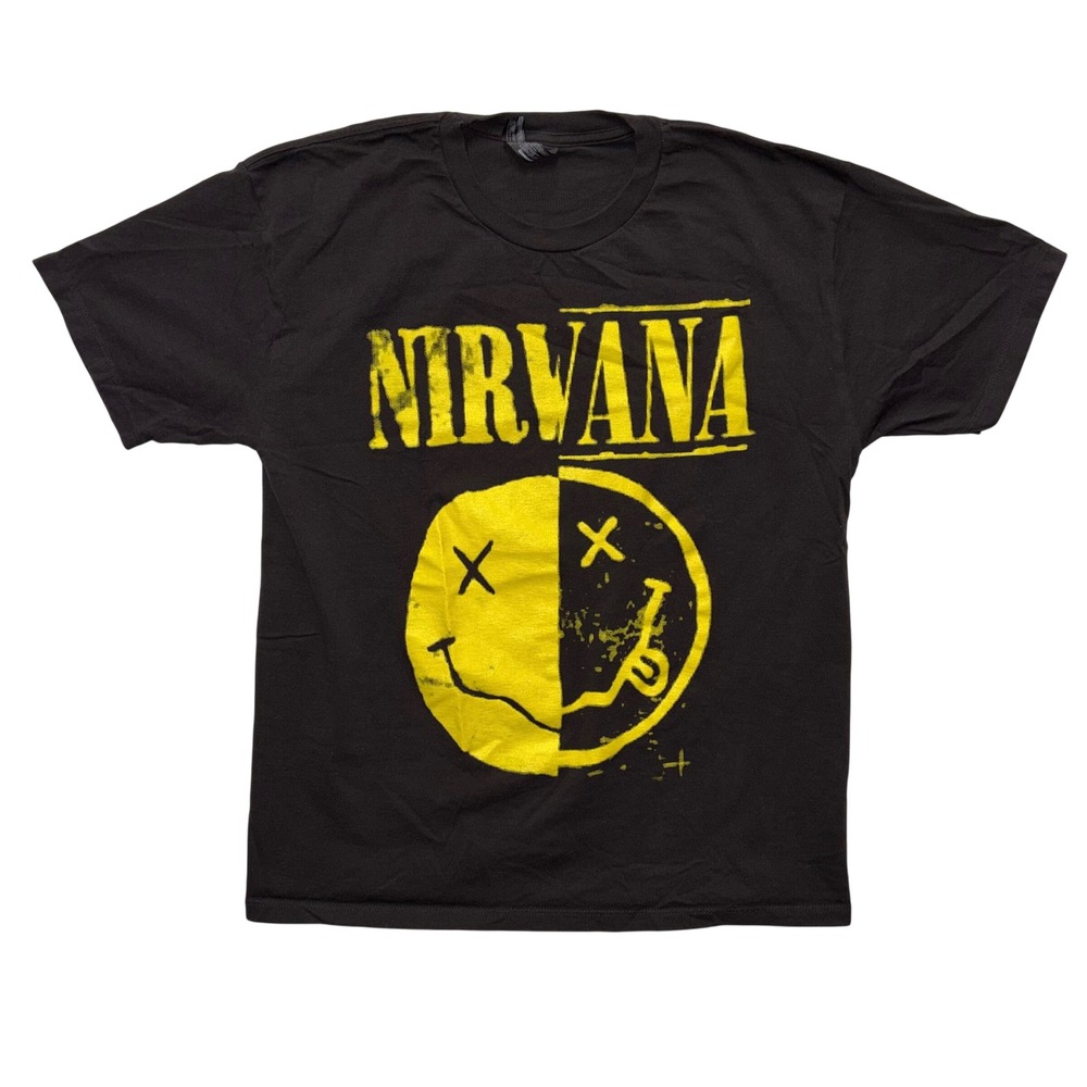 Nirvana Player Tees Black Graphic T-Shirt Mens Large Yellow Smiley Face Logo